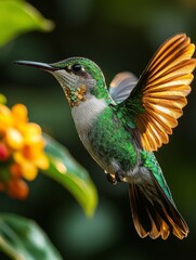 Fototapeta premium Hummingbird in flight near vibrant orange flowers