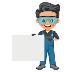 Maintenance technician. Handyman holding a banner with space for text for advertising, presentations, brochures, focused on maintenance tasks, repairs in industrial and domestic environments