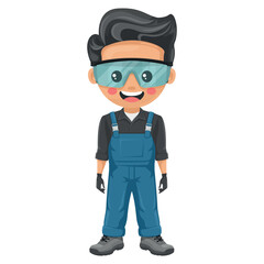 Maintenance technician. Handyman with personal protective equipment, safety glasses, blue overalls and gloves, focused on maintenance tasks, repairs in industrial and domestic environments