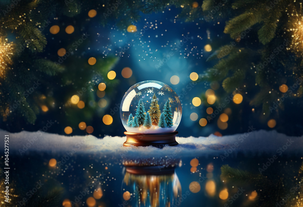 Aufkleber a snow globe sits on a bed of snow with a snowy forest inside against a dark blue background with sp