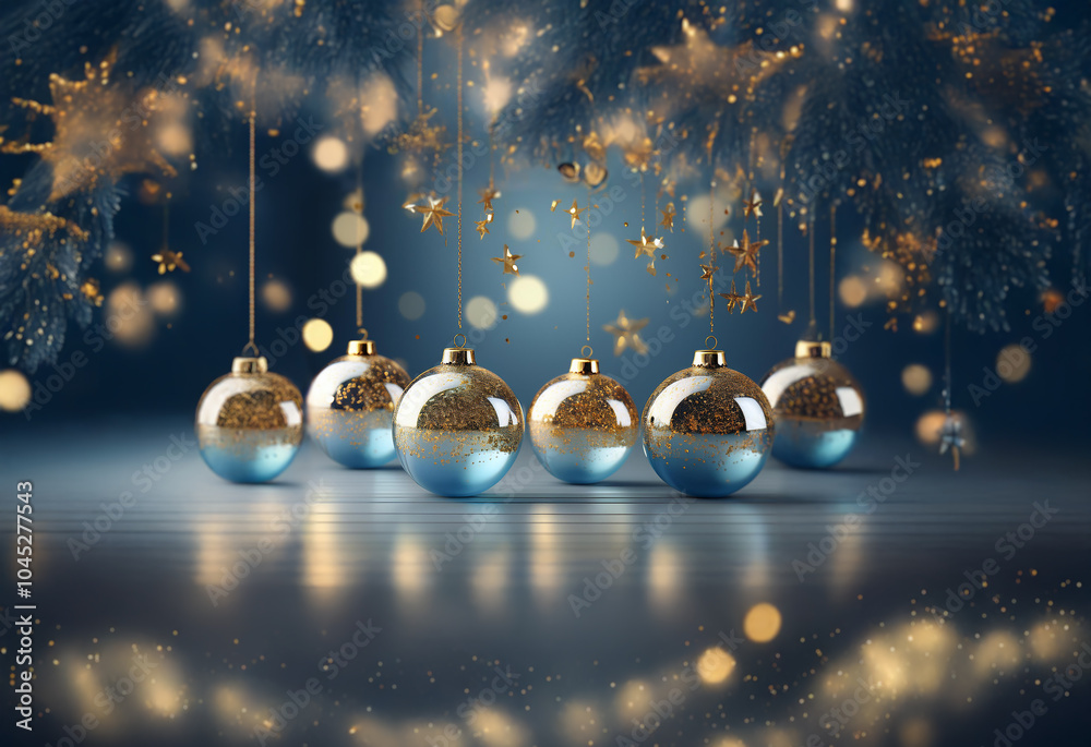 Poster a row of six blue and gold christmas ornaments hang from strings in front of a dark blue background 