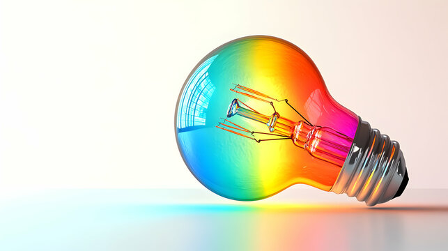 Minimalist Lightbulb Radiating Vibrant Rainbow Hues on a Soft Background