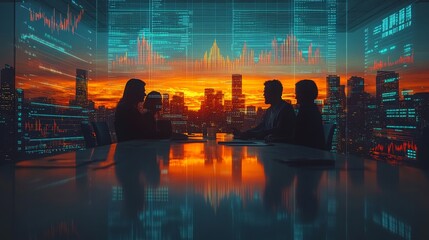 Business team collaborates in a modern office with a sunset city view and data visualization