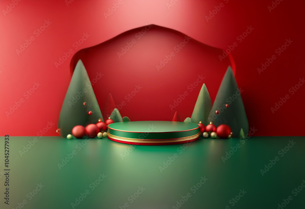 Poster A festive scene with a green podium in front of a red background, decorated with green trees, red ornaments, and a golden ring around the podium.