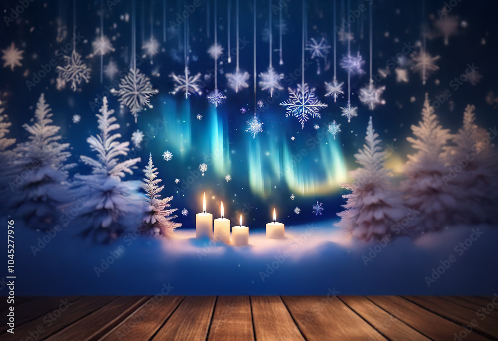 Aufkleber three candles glow on a wooden table in a winter scene with snow-covered trees and a starry sky illu