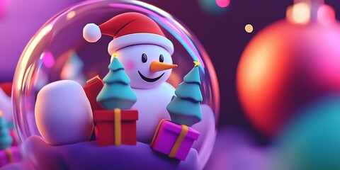 Snowman wearing Christmas hat and scarf