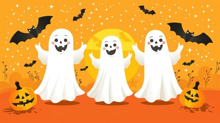 Cheerful Ghosts and Detailed Jack-o'-Lanterns: Vibrant Orange Backdrop, Whimsical Bats, Twinkling Stars - Charming Halloween Pattern