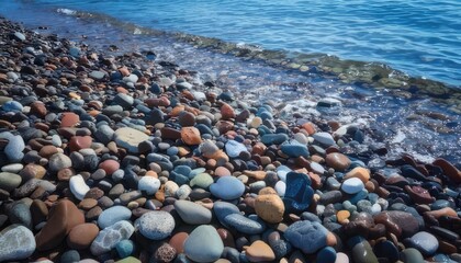 Colorful pebbles on a tranquil shore with gentle waves lapping at the beach.