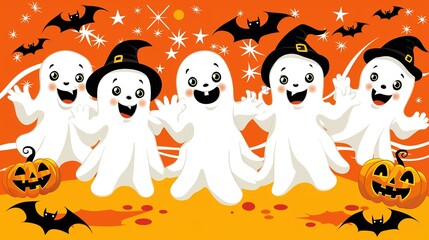 Obraz premium Cheerful Ghosts and Detailed Jack-o'-Lanterns: Vibrant Orange Backdrop, Whimsical Bats, Twinkling Stars - Charming Halloween Pattern