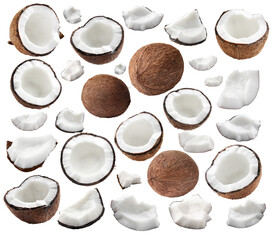 Coconuts isolated on white, collage. Whole and pieces