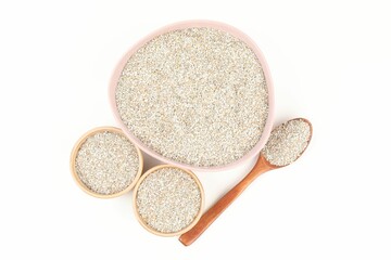 Rye bran in bowls isolated on white, top view