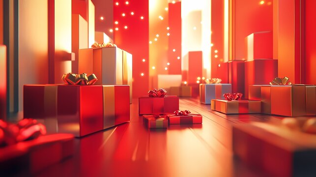 Christmas New Year red and gold gift box poster background