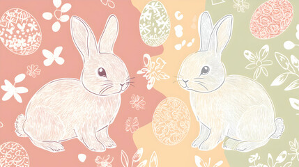 A playful Easter background with simple line art of bunnies and eggs, drawn in white outlines on a soft pastel backdrop, creating a fun and joyful feel