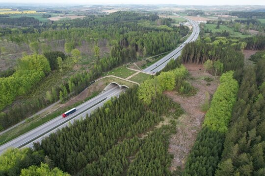 A wildlife bridge Ecoduct biocoridor for wildlife is an overpass that allows animals to cross a road EKODUKT construction aerial panorama view	
