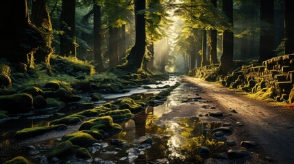 Obraz premium Sunlight Through Trees in a Forest Path