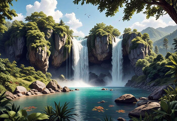 Fototapeta premium A tranquil mountain landscape with a crystal clear lake and a cascading waterfall, surrounded by green trees and rocky peaks, creating an atmosphere of peace