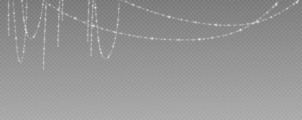 Christmas garland isolated on transparent background. Glowing colorful light bulbs with sparkles.Xmas, New Year, wedding or Birthday decor. Party event decoration. Winter holiday season element.