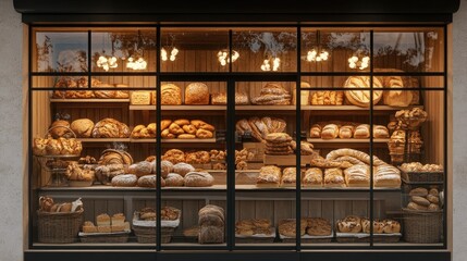 Fresh Bread Display in Artisan Bakery Window