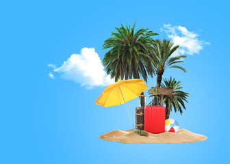 Fototapeta premium Summer travel. Pile of sand with palms, suitcases, wooden direction sign, beach ball and umbrella under clouds on light blue background