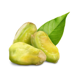 Shelled pistachios and green leaf on white background. Tasty nut