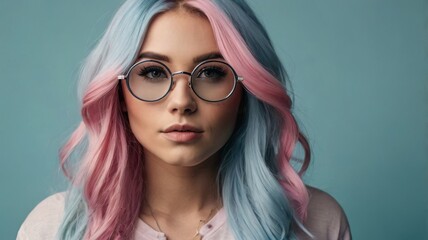 Naklejka premium woman wearing glasses with light blue and pink hair