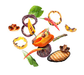 Tasty grilled vegetables in air on white background