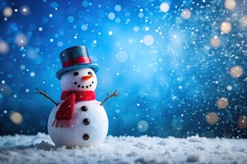 Snowman in falling snow silhouette on blue background