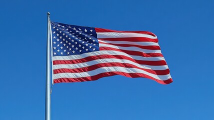Powerful image of an American flag waving proudly in the wind against a clear blue sky