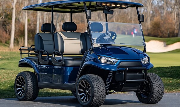 A blue golf cart with black wheels and a black windshield sits parked on a paved road in front of a green golf course.