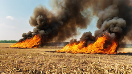 Fire burns stubble on the field destroy summer. Harvested wheat field fire near forest soil enriched with ash fertilizer
