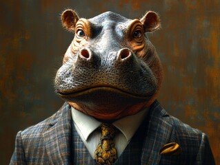 Close-up of an anthropomorphic hippo in a classic suit, showcasing reliability and approachability for HR and team management. Detailed view of suit and hippo.