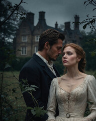 Romantic couple in vintage clothing standing in front of an old mansion with a melancholic atmosphere