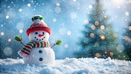 Fototapeta premium Snowman surrounded by falling snow on a winter background with shallow depth of field