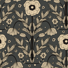 Motif floral coquelicots beige, motif seamless, botanique, illustration, dessin