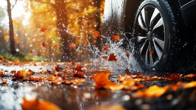 A car tire with autumn leaves and splashing water, symbolizing weather conditions. Text space included.