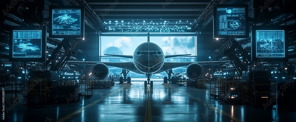 Poster a commercial airplane sits in a hangar, its nose pointed towards the open hangar door. the airplane 