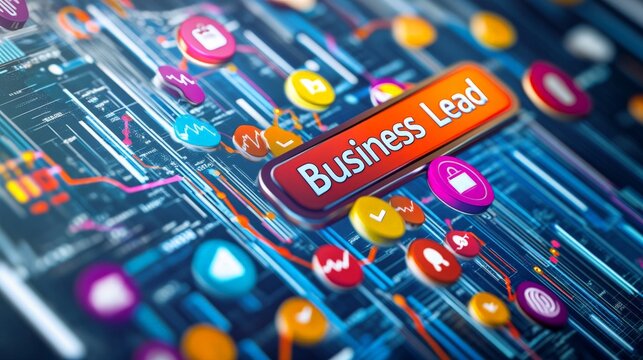 A large magnet labeled "Business Lead" pulling colorful icons representing potential customers, set against a digital marketing background with charts and graphs, symbolizing lead generation