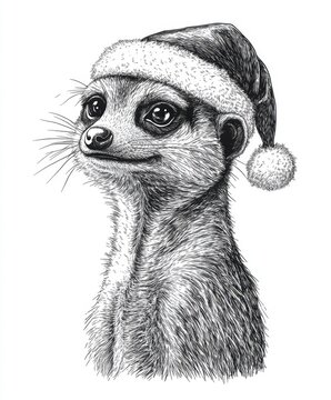 recommend clip art: Black and white Vintage engraved art of a meerkat with a Christmas Santa hat, isolated on white background, ink sketch illustration, simple vector art design, highly detailed line art, high 