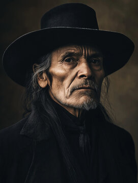 Older Man with Long Dark Hair and Black Hat with Wide Brim