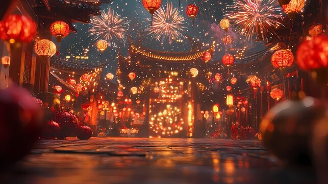 Traditional Chinese fireworks and interior scene illustration poster background