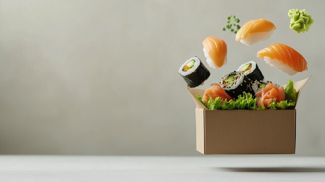 Sushi Explosion: A captivating image of a levitating sushi box, overflowing with fresh, vibrant sushi rolls, nigiri, and maki. The dynamic composition creates a sense of energy and excitement.