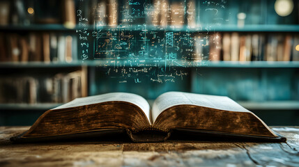 Open Book with Floating Mathematical Formulas Illustrating Concepts of Education and Learning