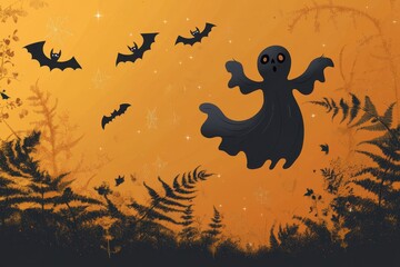 Fototapeta premium An orange background with silhouettes of a haunted pumpkin, ghosts, and bats floating around. The center remains empty for text, creating a spooky yet minimalistic Halloween scene. 