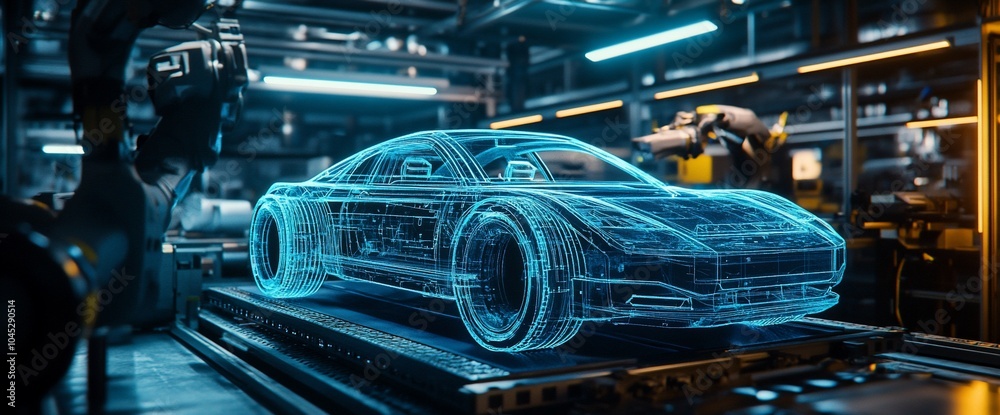 Poster a digital car model in a factory setting.