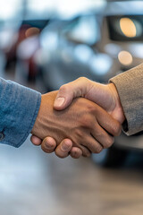 Close up of two hands shaking with blurry card background, car dealing concept generated.AI