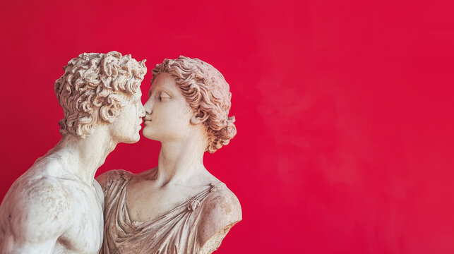 Antique statues kissing on red background.