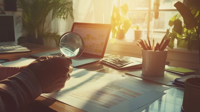 A professional auditor using a magnifying glass to inspect accounting records, with financial reports and spreadsheets spread across a modern office desk, sunlight streaming in from a window
