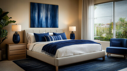 A bedroom with a large bed and a blue blanket