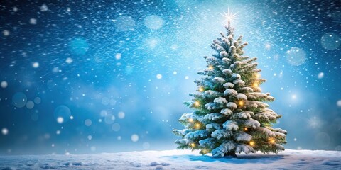 Snowy Christmas tree on blue and white background with festive decorations