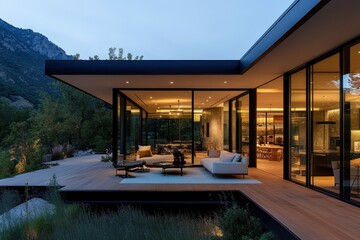 Fototapeta premium A luxurious villa with a glass structure offering breathtaking views of a stunning mountain backdrop, surrounded by beautiful landscaping, elegance meets contemporary style.